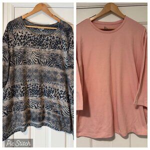 Bundle Lot Womens Plus 1X Kim Rogers Pink & Animal 3/4 Sleeve Stretch Top Shirts